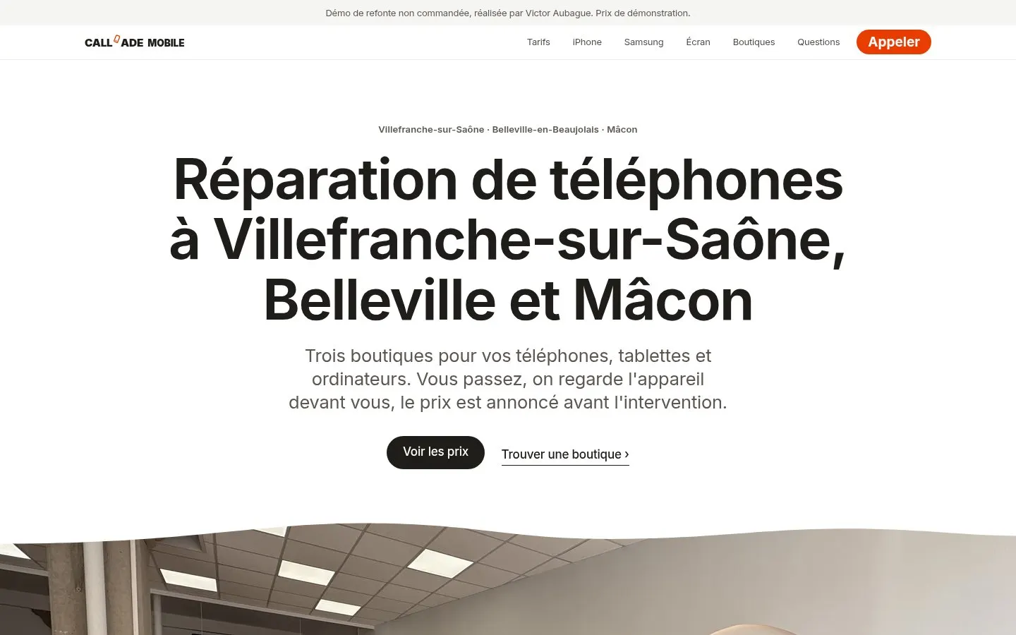 Accueil de la maquette : « Réparation de téléphones à Villefranche-sur-Saône, Belleville et Mâcon », boutons Voir les prix et Trouver une boutique, photo de la boutique