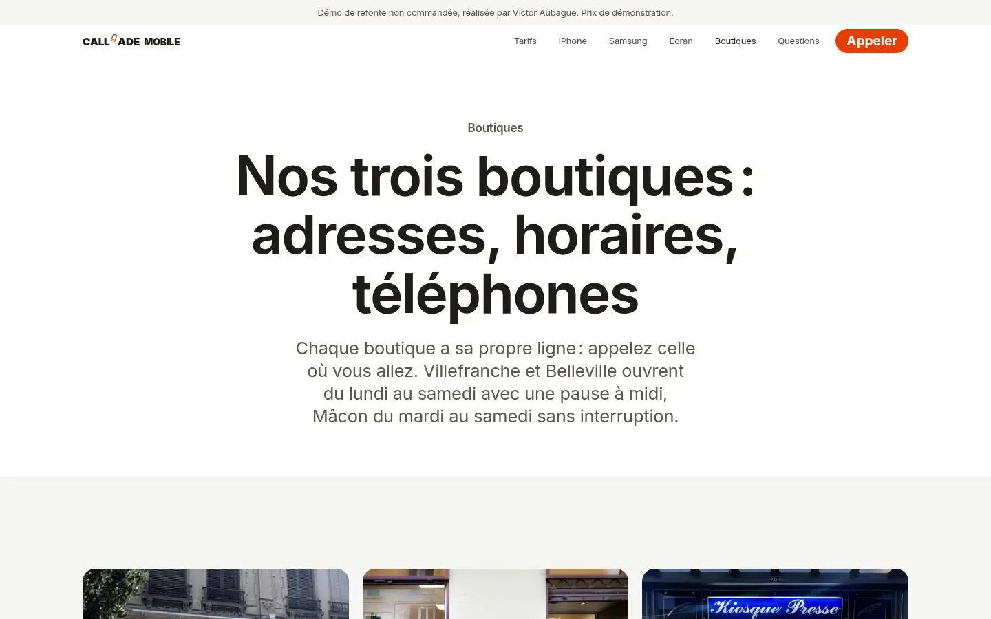 Page Boutiques de la maquette : titre Nos trois boutiques, adresses, horaires, téléphones, horaires résumés, photos des trois boutiques