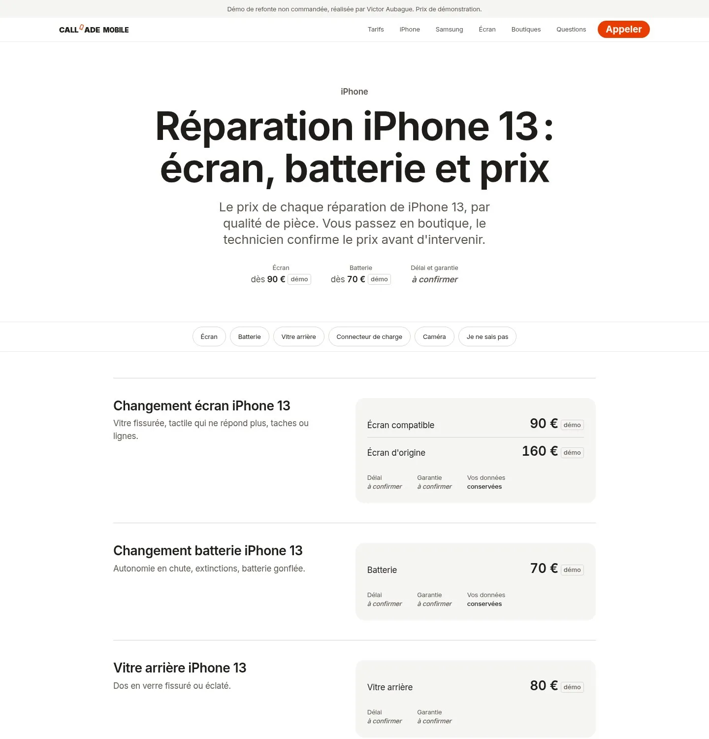Page Réparation iPhone 13 de la maquette : prix par panne et par qualité de pièce, étiquetés démo, délai et garantie à confirmer