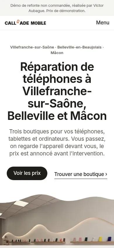 Accueil de la maquette sur mobile : titre local, boutons Voir les prix et Trouver une boutique