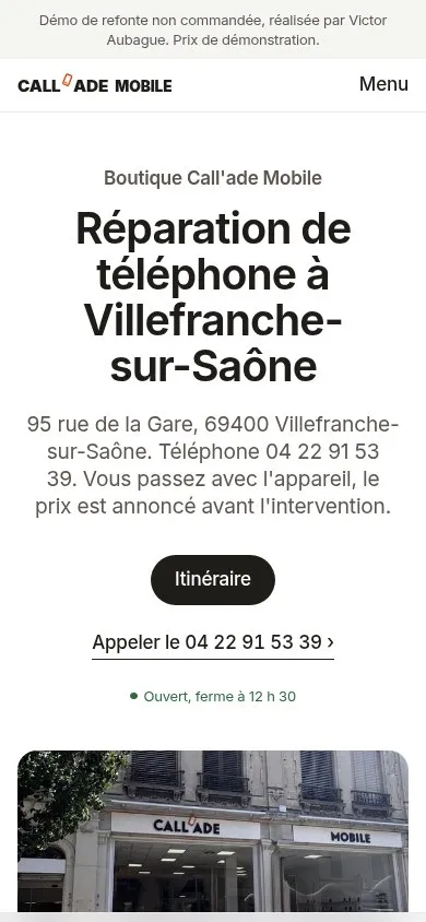 Page boutique de Villefranche sur mobile, avec la barre collante Appeler, Itinéraire, Prix