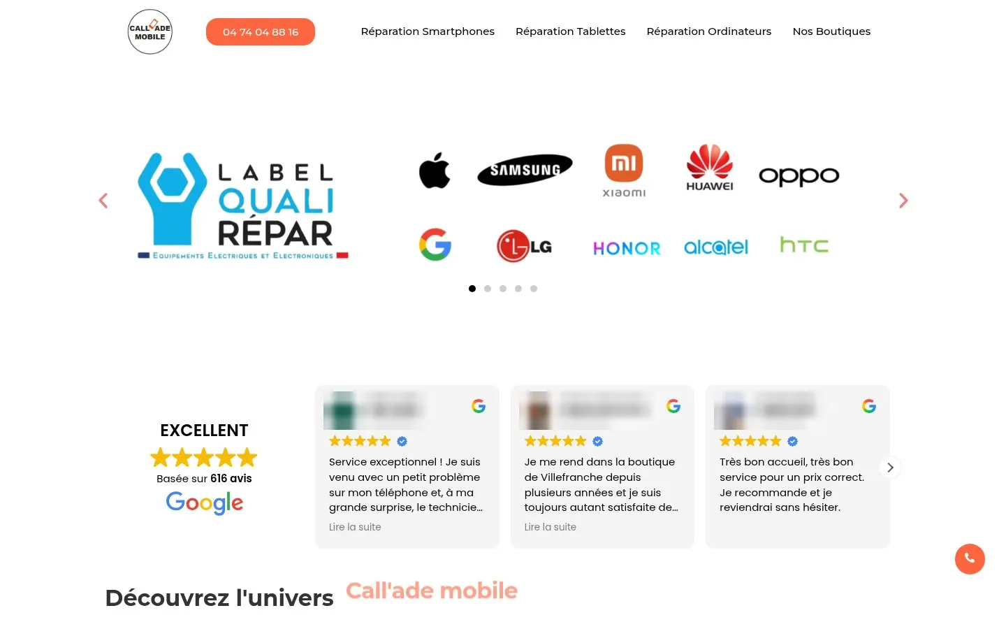 Accueil du site actuel de Call'ade Mobile : carrousel de logos de marques, label, widget d'avis figé à 616 avis