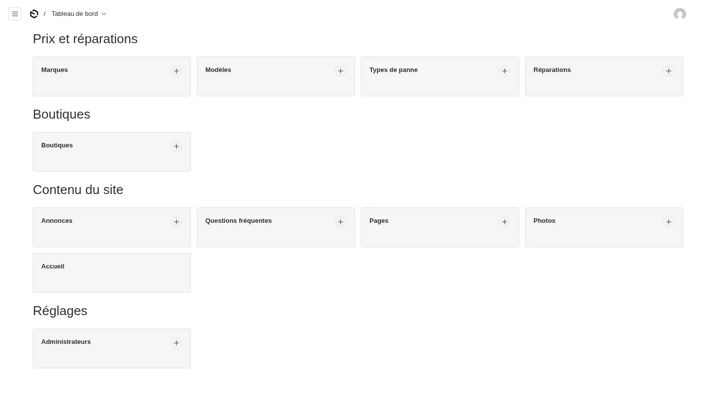 Tableau de bord de l'administration Payload : rubriques Prix et réparations (marques, modèles, types de panne, réparations), Boutiques, Contenu du site, Réglages