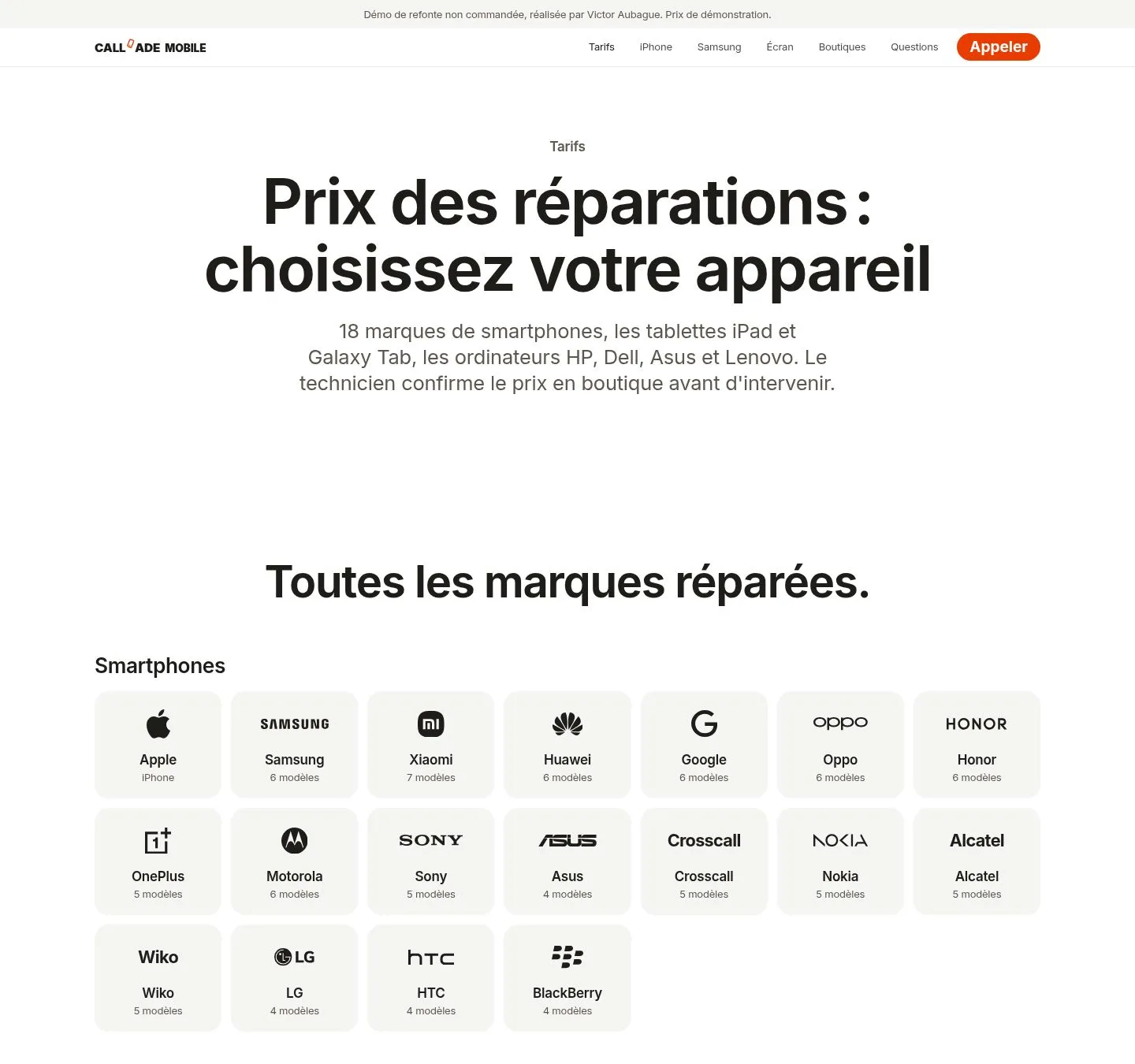 Page Tarifs de la maquette : titre Prix des réparations, choisissez votre appareil, grille de logos des marques de smartphones, tablettes et ordinateurs