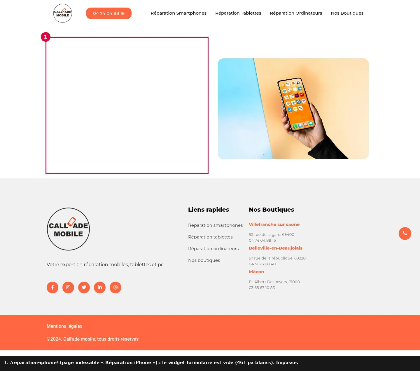 Page Réparation iPhone du site actuel : un grand cadre vide à la place du formulaire, une photo de banque d'images à droite