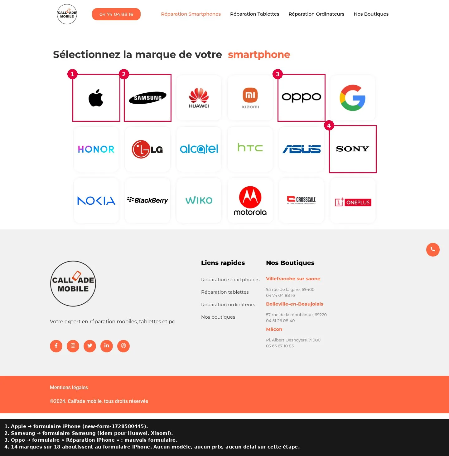 Page de choix de la marque du site actuel annotée : Oppo, Sony et la plupart des marques ouvrent le formulaire Réparation iPhone