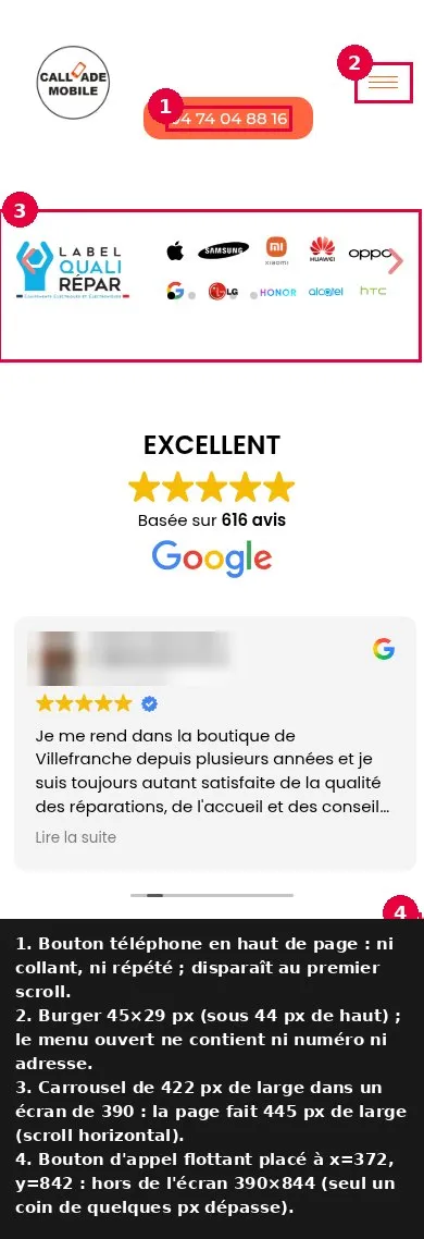 Accueil mobile du site actuel annoté : bouton téléphone qui disparaît au défilement, menu trop petit, carrousel plus large que l'écran, bouton d'appel hors de l'écran