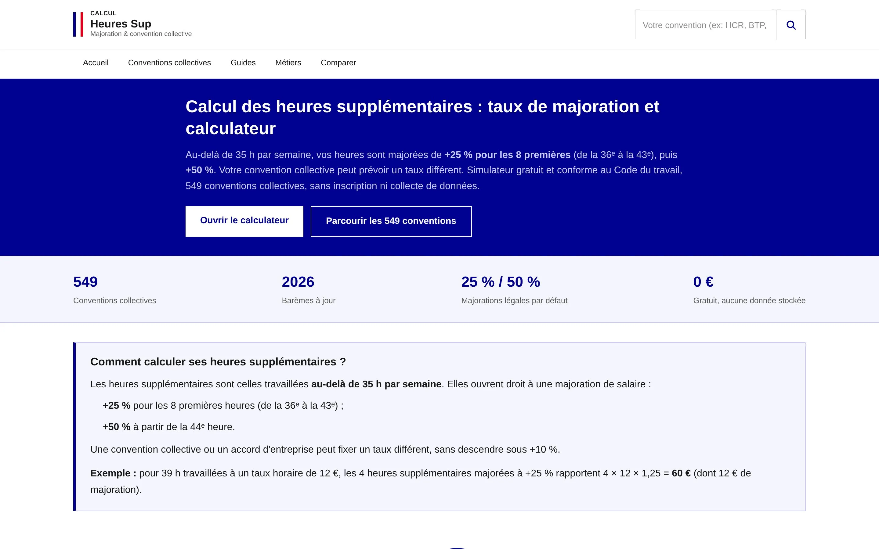 Page d'accueil de heures-sup.fr : calcul des heures supplémentaires par convention collective
