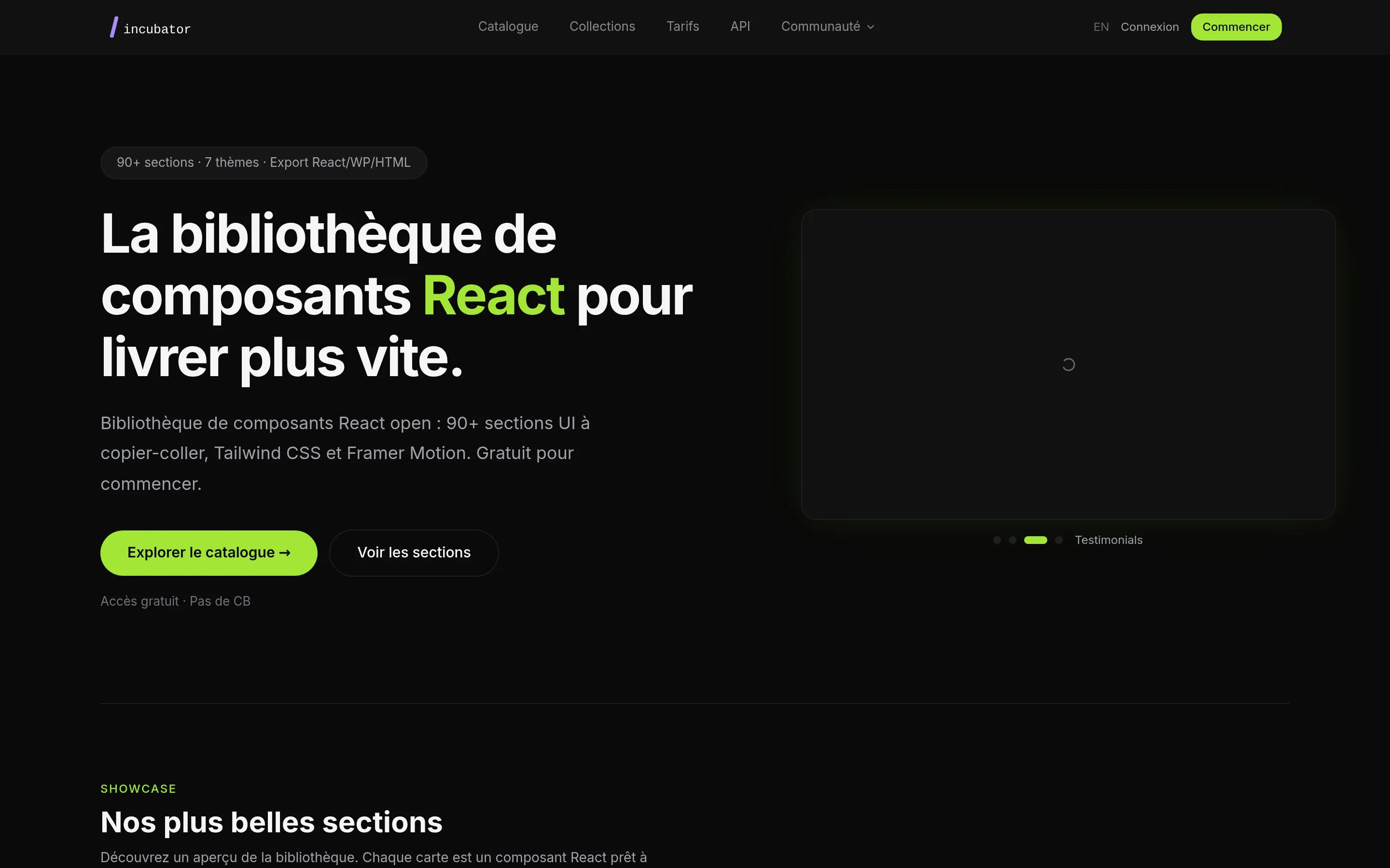 Page d'accueil d'incubator : la bibliothèque de composants React pour livrer plus vite