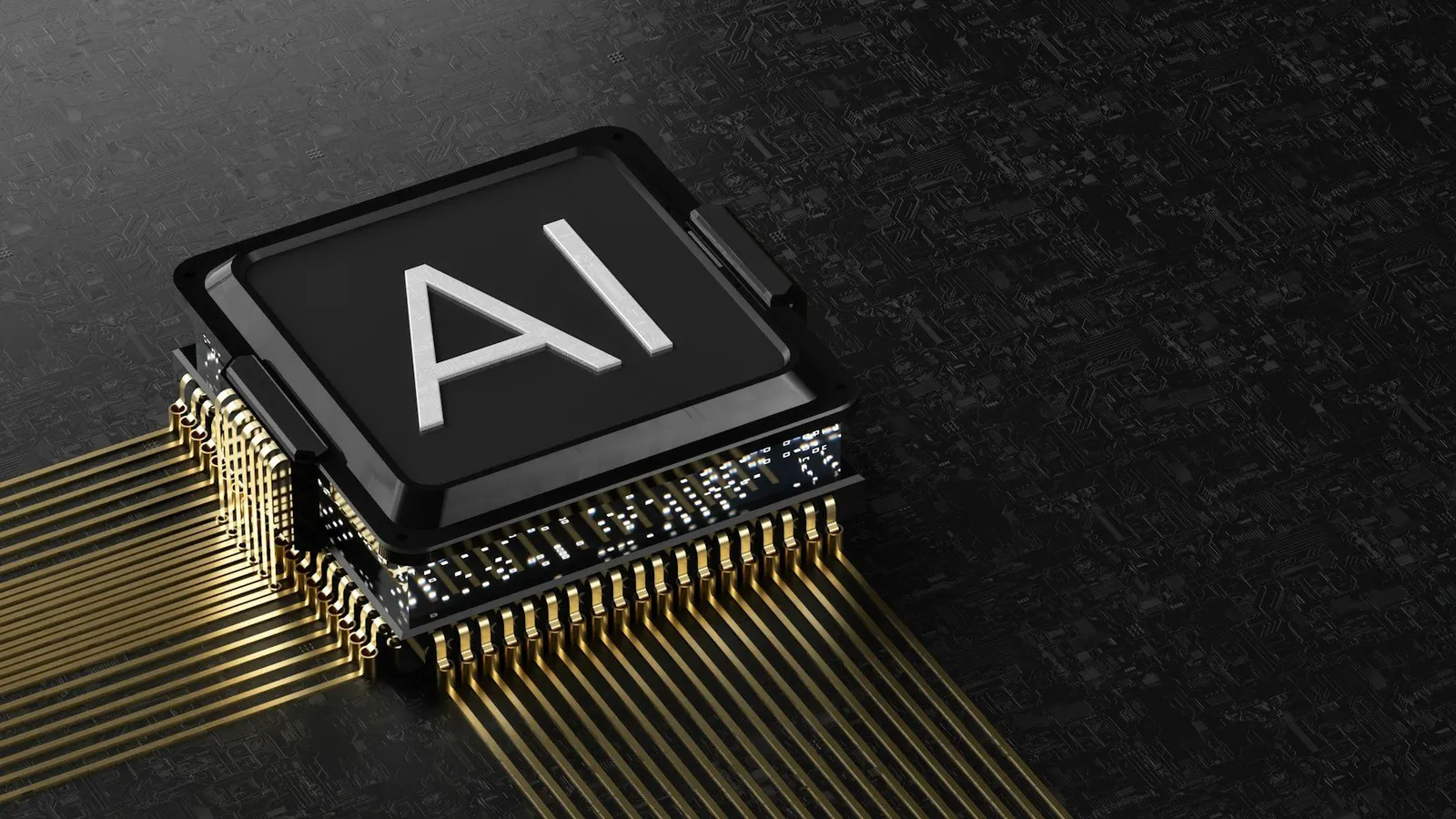 Puce électronique marquée des lettres AI posée sur une carte sombre, broches dorées au premier plan