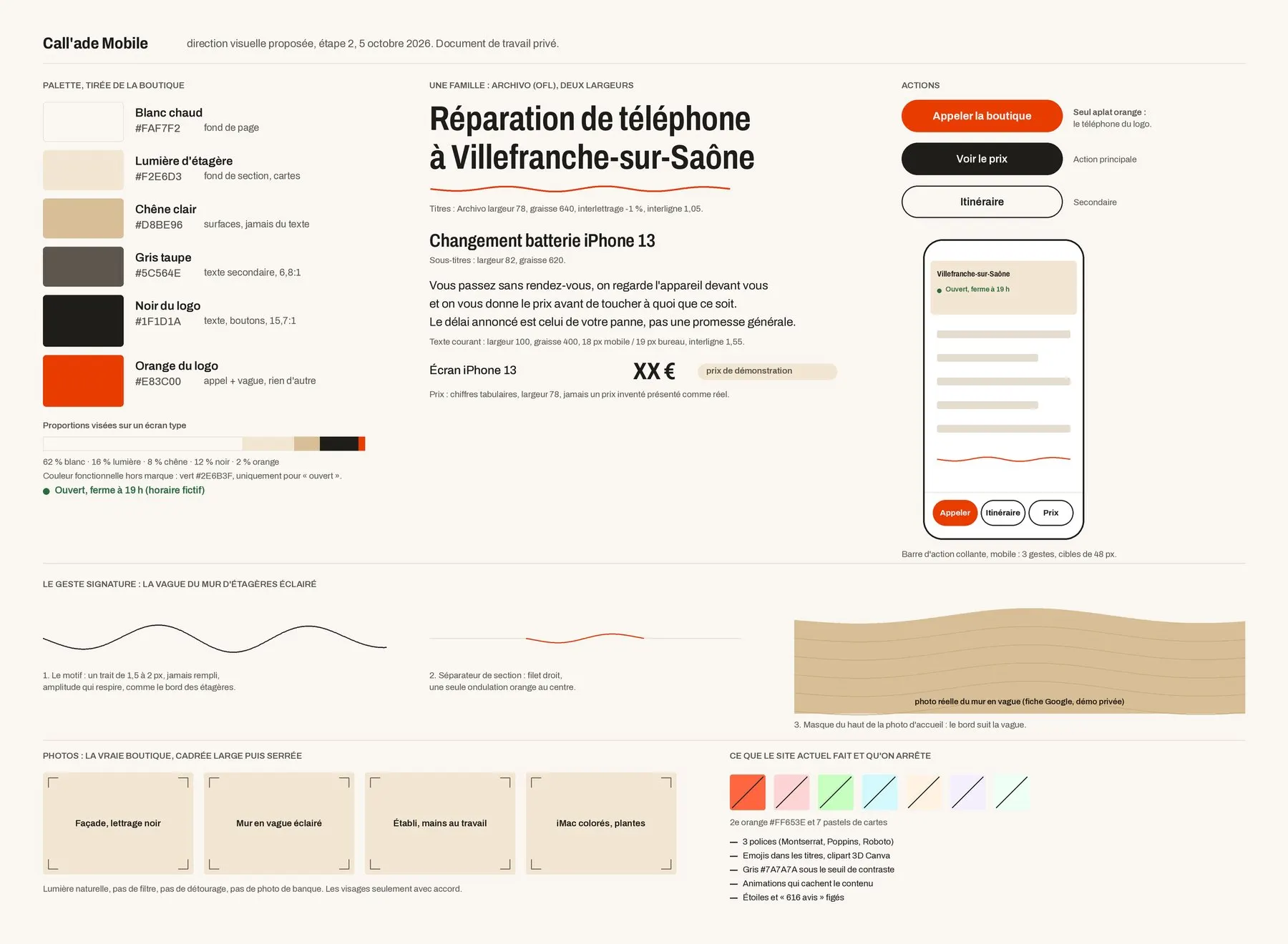 Planche d'ambiance Call'ade Mobile : palette tirée de la boutique, orange du logo réservé à l'appel, la vague du mur d'étagères, ce que le site actuel fait et qu'on arrête