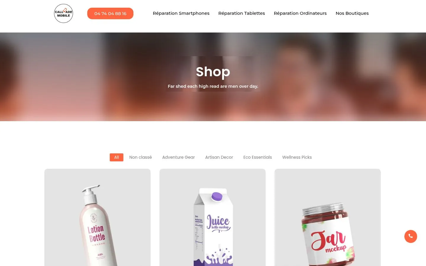 Page Shop du site actuel : bannière de démonstration floutée, produits fictifs Lotion Bottle, Juice, Jar mockup