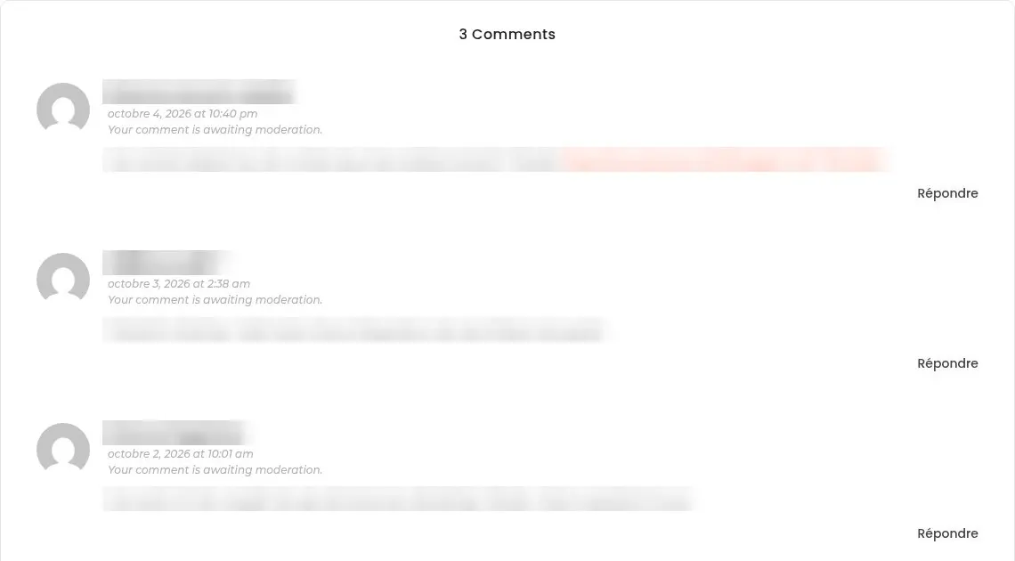 Commentaires de spam affichés en public sous un article du site, noms et liens floutés