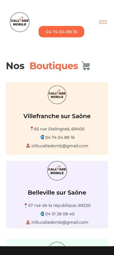 Page Nos boutiques du site actuel sur mobile : la carte de Villefranche indique 65 rue Stalingrad au lieu de 95 rue de la Gare