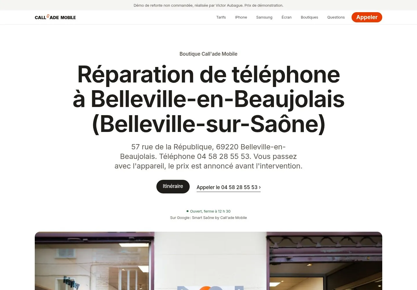 Page de la boutique de Belleville sur la maquette : titre Réparation de téléphone à Belleville-en-Beaujolais (Belleville-sur-Saône), adresse, téléphone, état ouvert