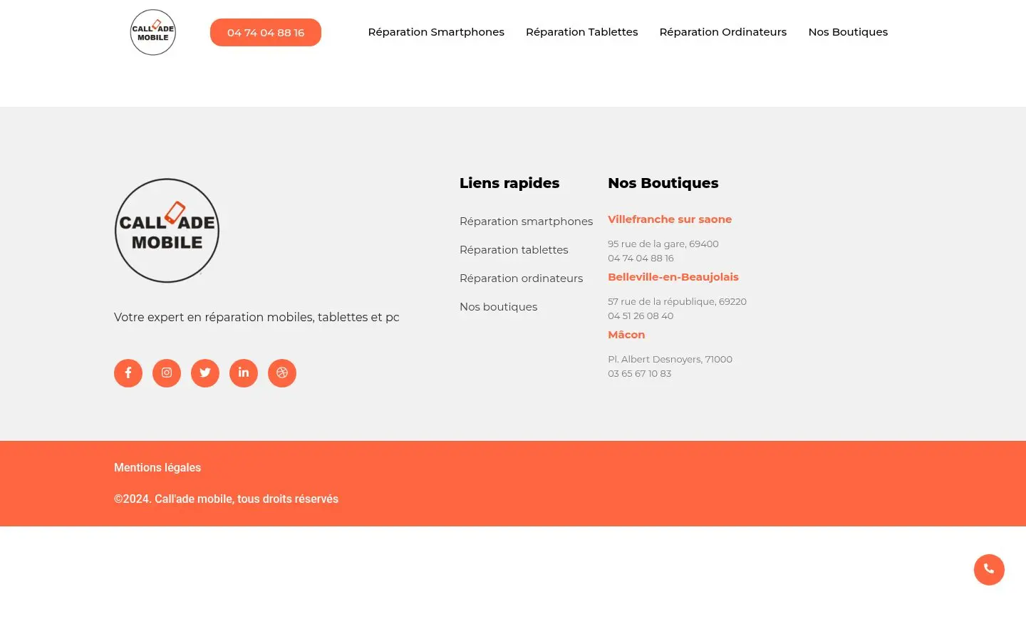 Page Réparation Huawei du site actuel : l'en-tête puis directement le pied de page, aucun contenu