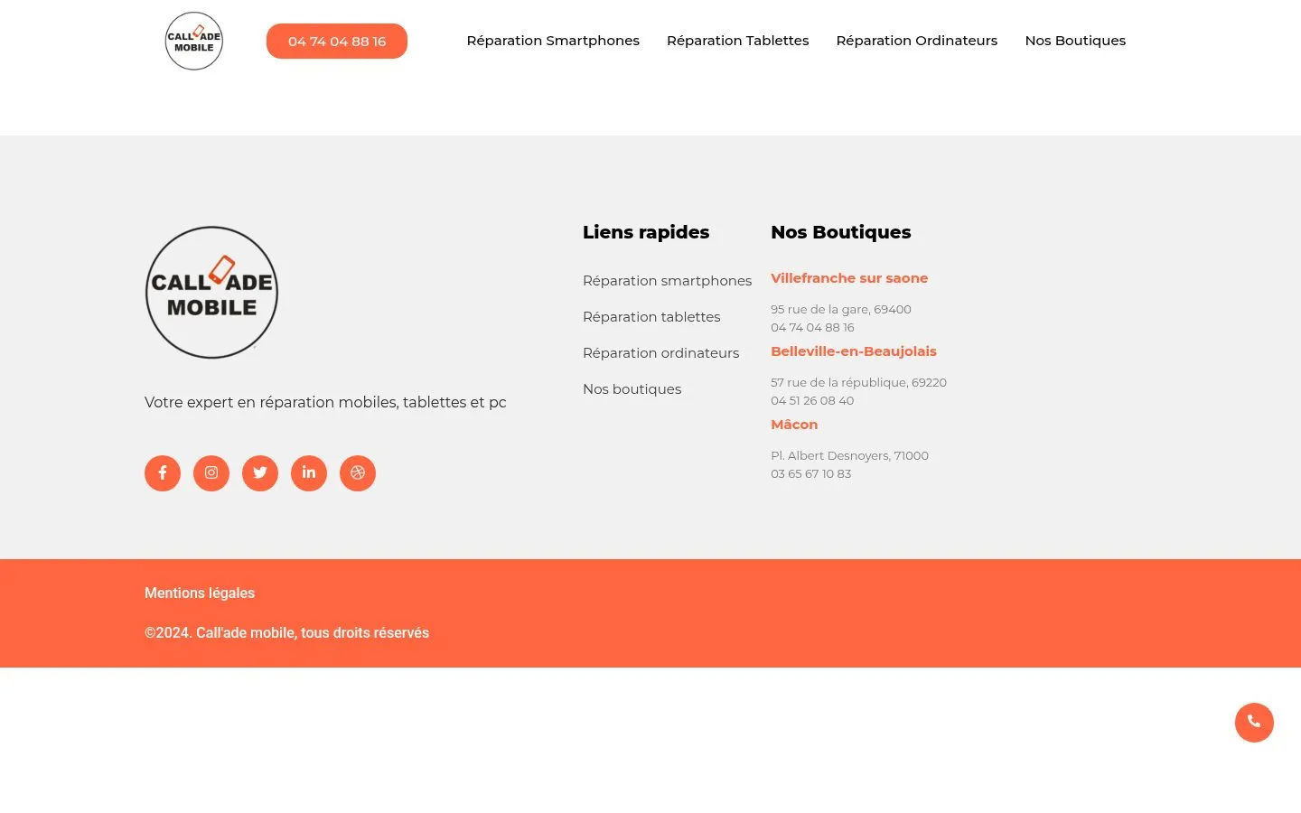 Page Réparation Huawei du site actuel : l'en-tête avec le numéro de téléphone, puis directement le pied de page orange