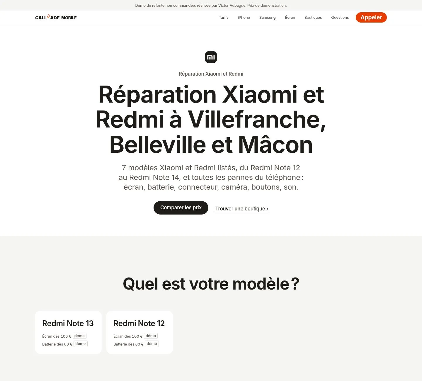 Page Réparation Xiaomi et Redmi de la maquette : titre, nombre de modèles listés, puis le choix du modèle avec prix d'écran et de batterie étiquetés démo