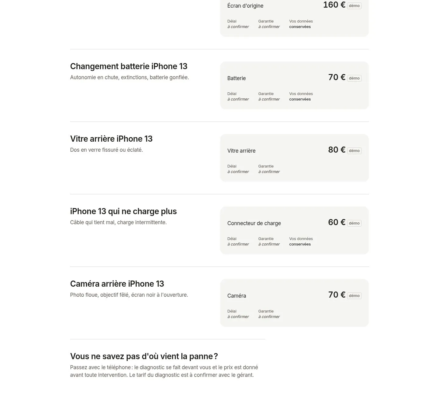 Page Réparation iPhone 13 de la maquette : une section par panne, batterie, vitre arrière, connecteur de charge, caméra, avec prix et délai