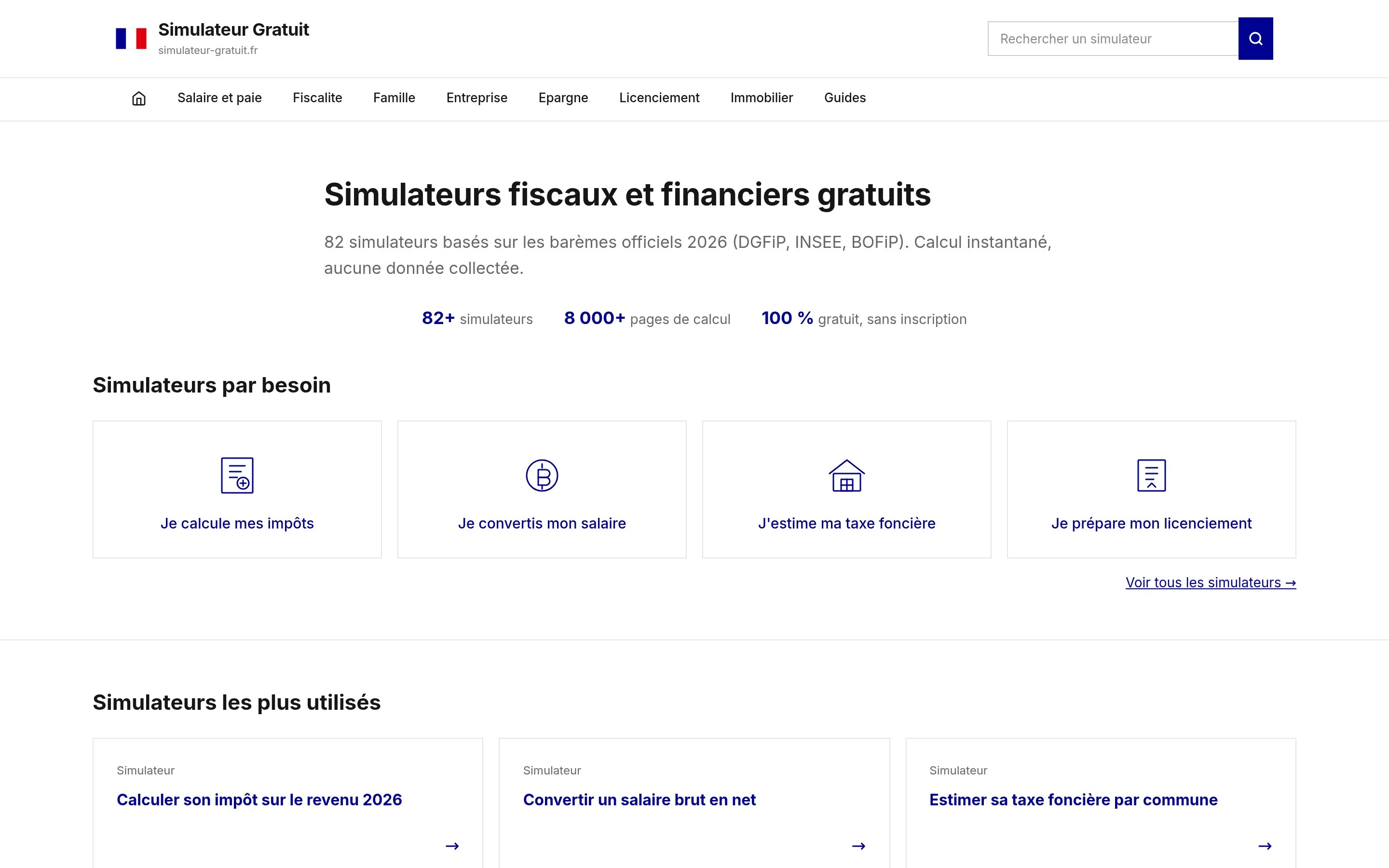 Page d'accueil de simulateur-gratuit.fr : simulateurs classés par besoin