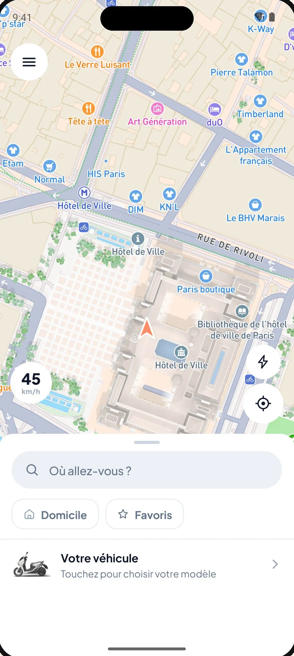 Carte de l'application tactac avec le compteur 45 km/h et la recherche « Où allez-vous ? »