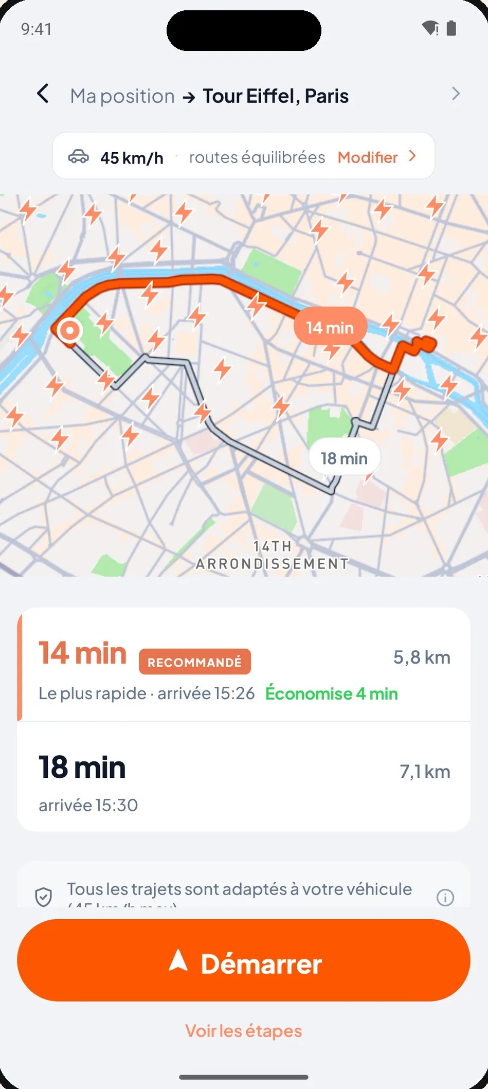 Écran itinéraire de l'application tactac : deux trajets vers la tour Eiffel adaptés à une voiture limitée à 45 km/h, avec le bouton Démarrer