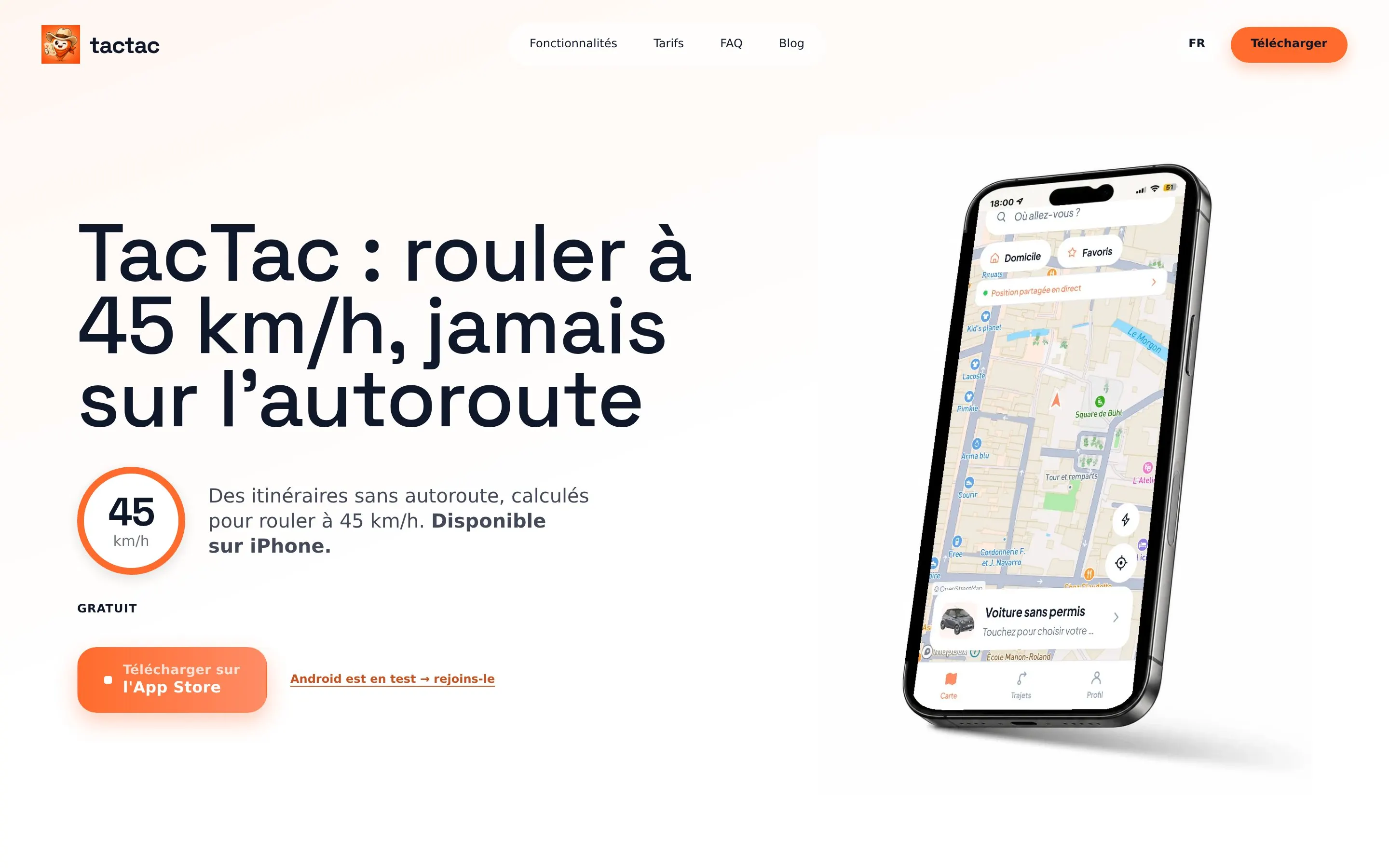 Page d'accueil actuelle de tactac-gps.com : « TacTac : rouler à 45 km/h, jamais sur l'autoroute », avec l'application sur iPhone