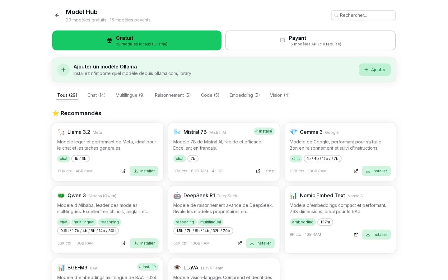 Modes de travail — RAG, web search, analyse code